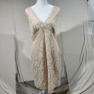 CDC Vtg Lace Sheath Dress Sz 8 Beige Sleeveless V Neck Party Beaded Trim HOCO